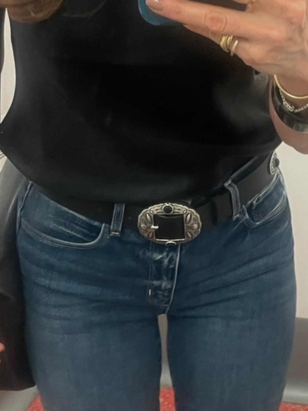 The Kooples Black Leather Belt with Decorative Silver-Tone Western Buckle